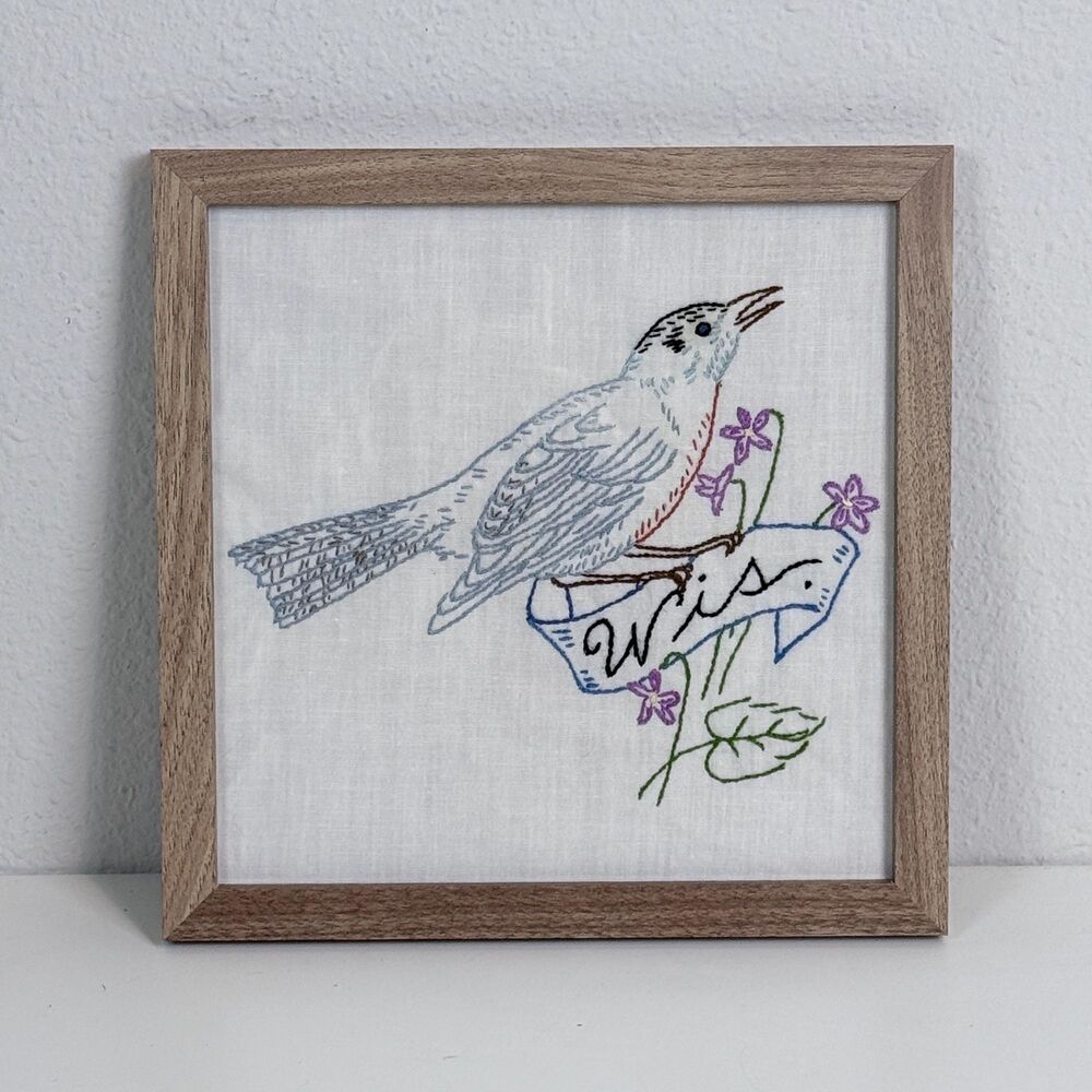 Handmade Vintage Embroidered Wisconsin State Bird & Flower Framed 9x9”